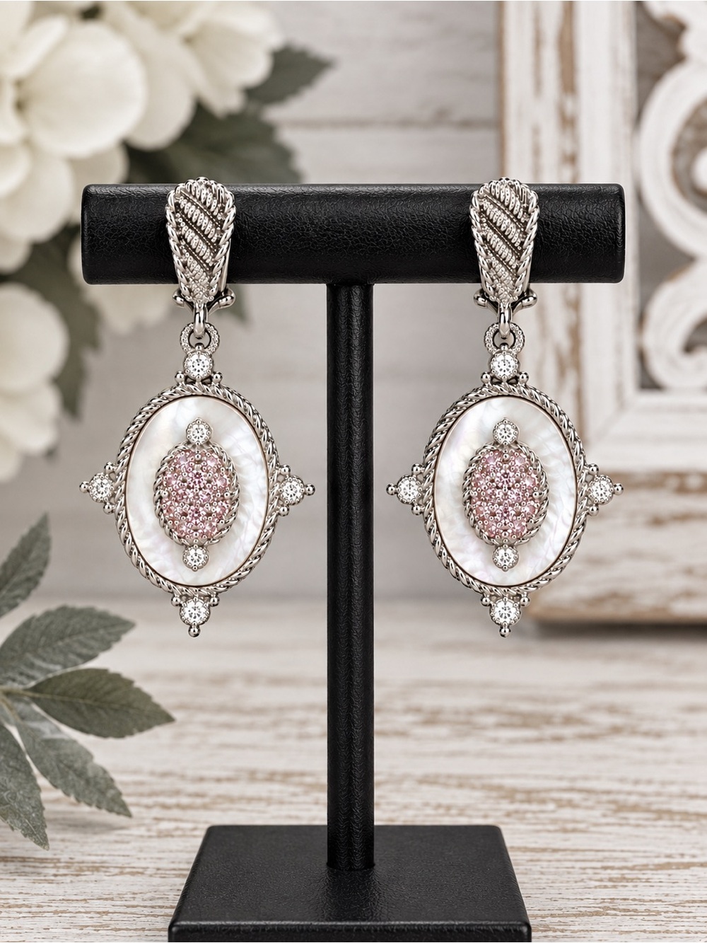 Judith Ripka Sterling Silver Pink Mother of Pearl CZ Drop Earrings